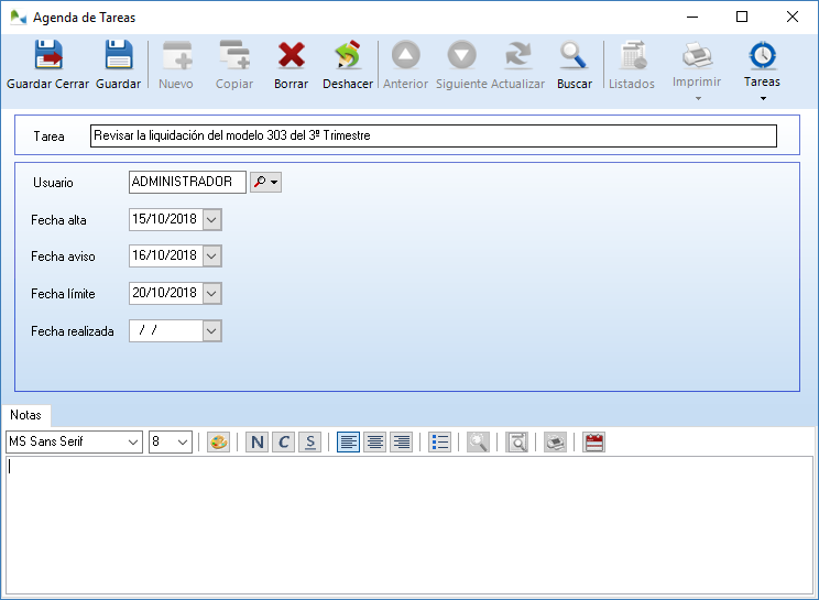 Agenda de tareas en OfiPro Contabilidad