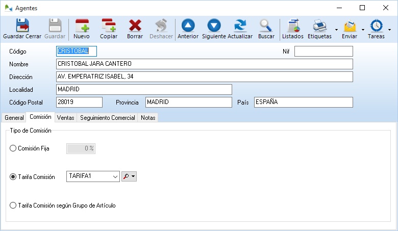 Selección de tipo de comisión en OfiPro