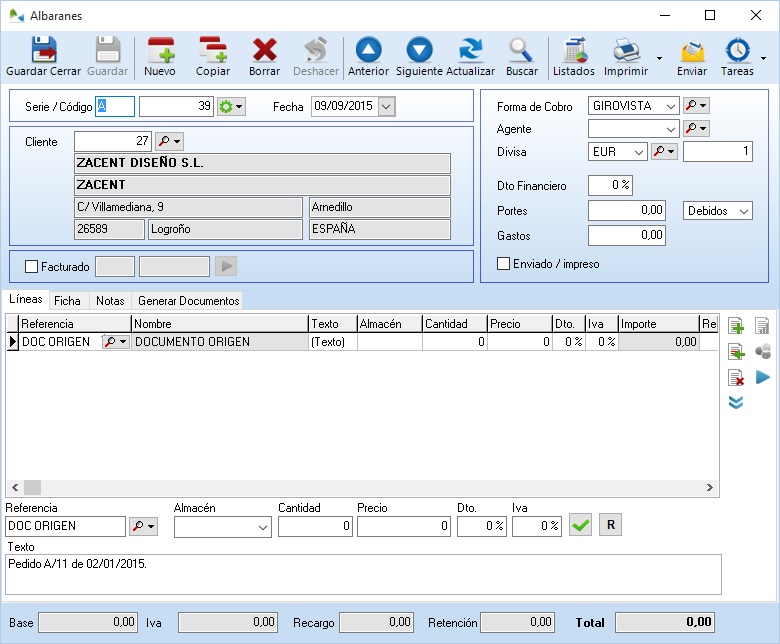 Albarán de Venta que no ha 'heredado' las líneas del pedido