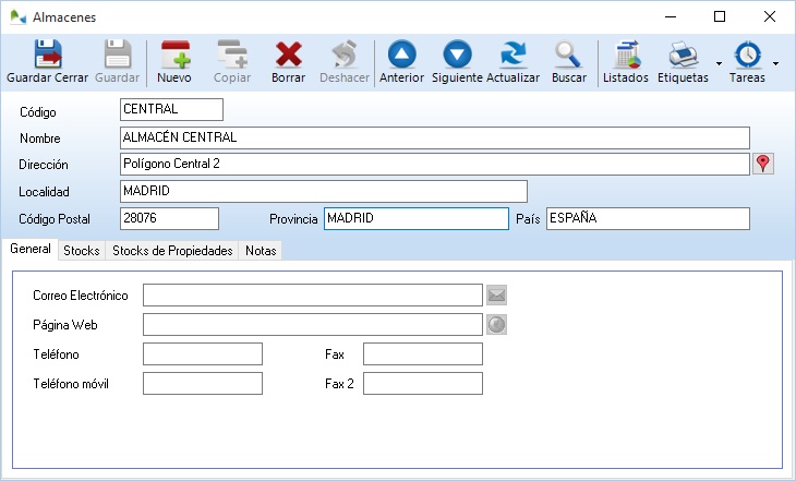 Ficha de almacenes en OfiPro Ficha de almacenes en OfiPro
