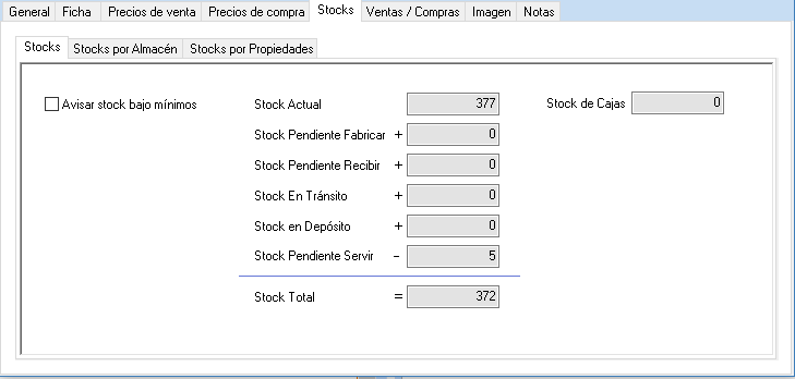 Apartado Stocks de la ficha de artículos