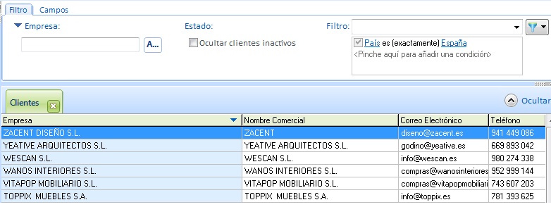 Area de filtros del fichero activo en OfiPro