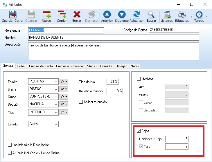Active la casilla cajas e indique el nº de unidades por caja