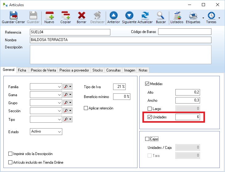 Asignación de medidas de artículos en documentos