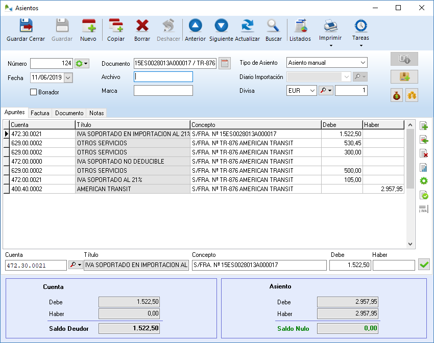 Asiento de importación del documento de aduanas y factura del transitario Asiento de importación del documento de aduanas y factura del transitario