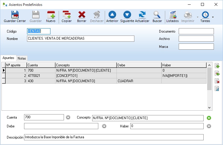 entre los datos solicitados para el asiento predefinido