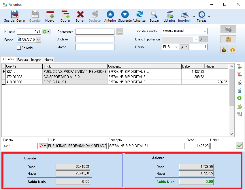 Saldo del asiento y de la cuenta visibles