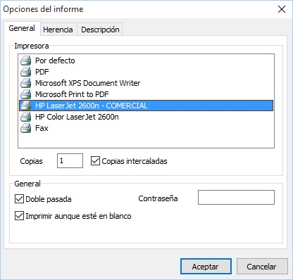 asignar impresora a listado