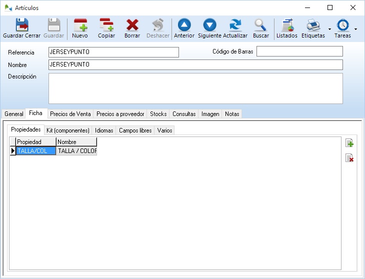 Asigne las propiedades que correspondan al artículo