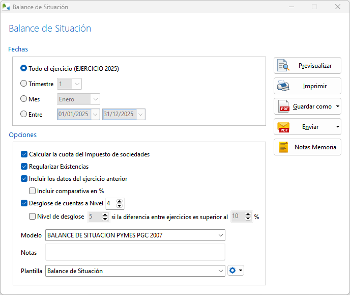 Pantalla de configuración del Balance de Situación