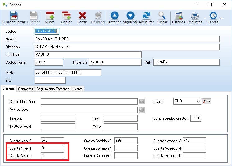 Configuración del nivel 4 y 5 de la cuenta contable del banco