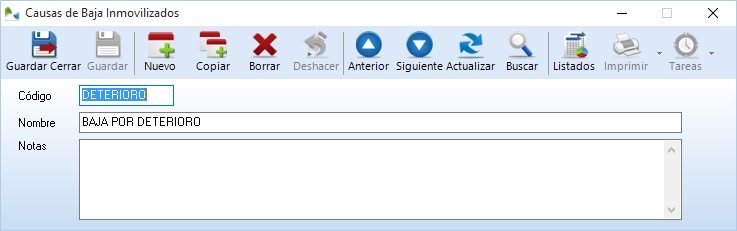 defina las distintas causas de baja de sus inmovilizados