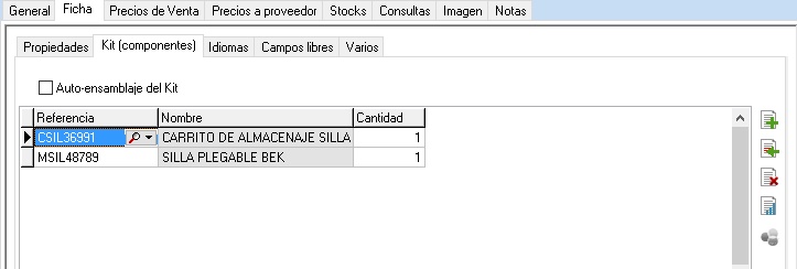 Apartado Kit-Componentes de las fichas de artículos en OfiPro