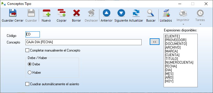 Configure conceptos tipo para agilizar la carga de asientos