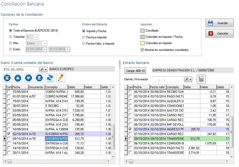 Pantalla de Conciliacion Bancaria en Ofipro