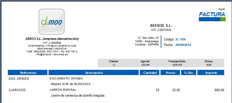 Documento origen impreso en la Factura