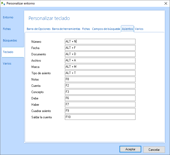 Use las teclas de acceso rápido para situarse en los campos del Asiento
