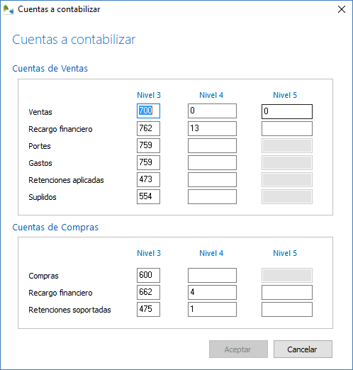 Configuración de las Cuentas a contabilizar