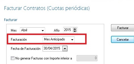 Si el contrato está configurado a Mes Vencido deberemos seleccionar este tipo de facturación para que se genere la factura