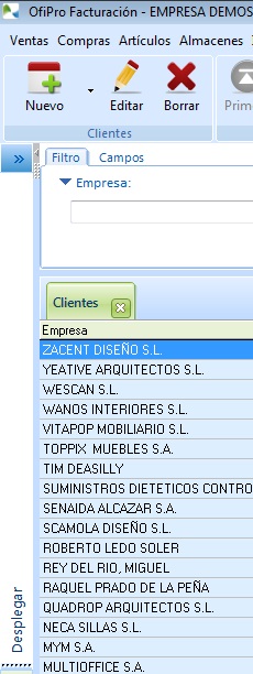 Pantalla de OfiPro con barra de opciones minimizada