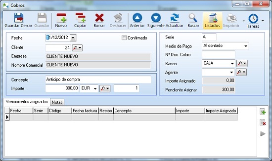 Cobro manual realizado, no asignado a ningún documento Cobro manual realizado, no asignado a ningún documento