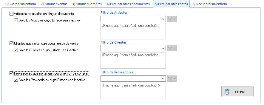 Apartado "Eliminar otros datos", permite eliminar artículos no usados, y clientes y proveedores sin documentos Apartado "Eliminar otros datos", permite eliminar artículos no usados, y clientes y proveedores sin documentos