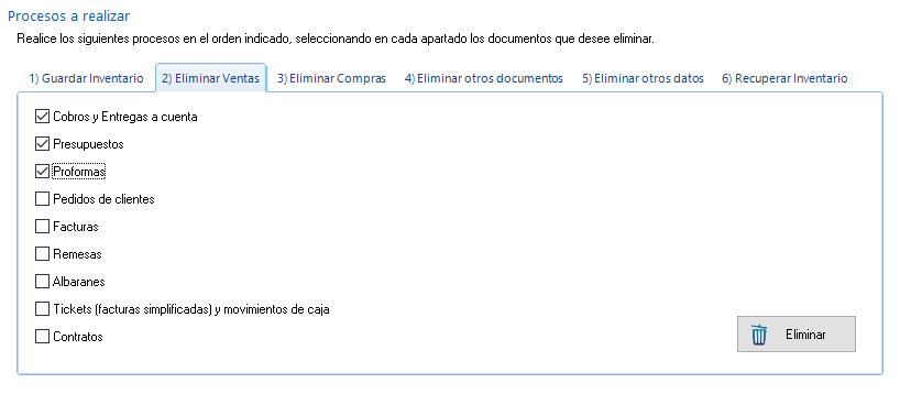 Apartado "Eliminar Ventas" Apartado "Eliminar Ventas"