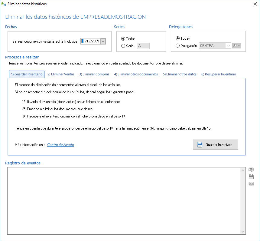Pantalla de eliminación de datos históricos Pantalla de eliminación de datos históricos