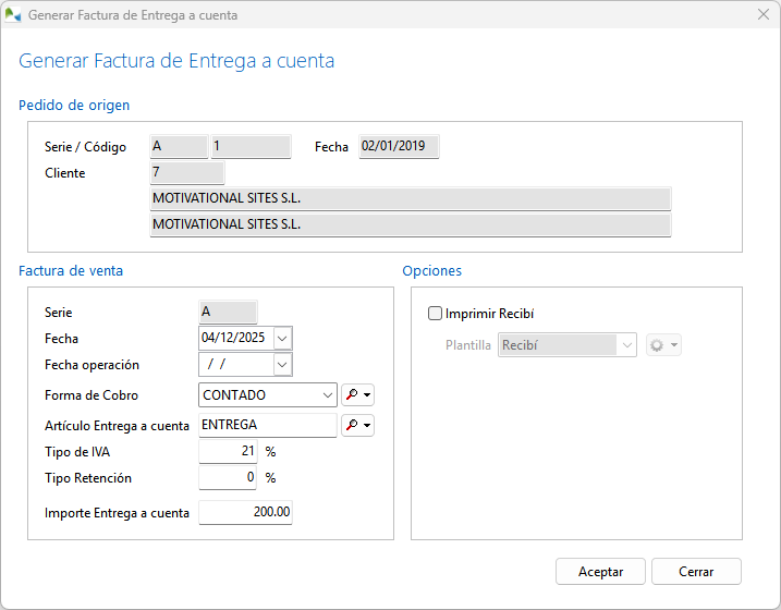 Generar factura de la entrega a cuenta