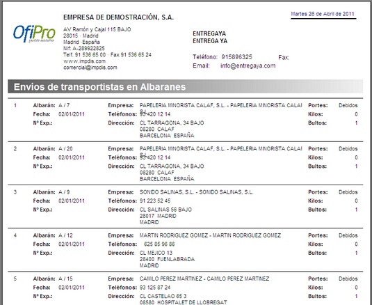 Listado de envíos de transportistas Listado de envíos de transportistas
