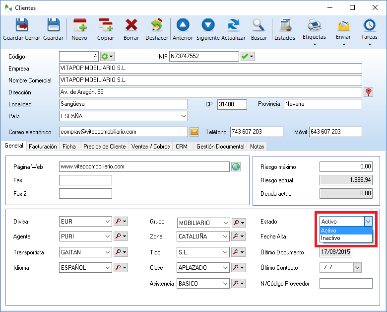Indique el estado (activo o inactivo) del cliente en su ficha