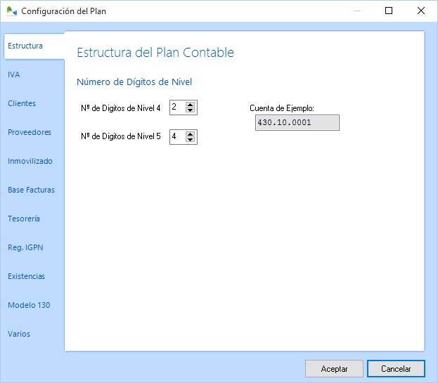 Defina en el apartado Estructura la longitud de los niveles 4 y 5 de las cuentas Defina en el apartado Estructura la longitud de los niveles 4 y 5 de las cuentas