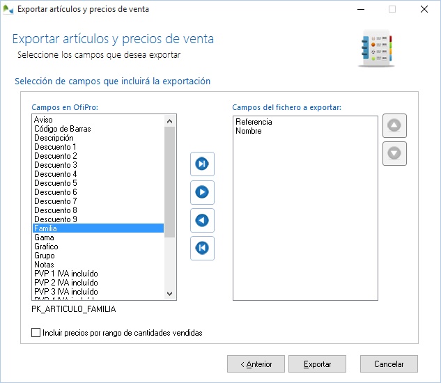 Seleccione los campos a incluir en el fichero exportado