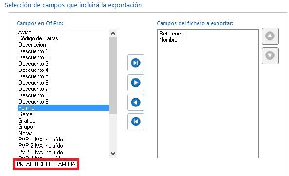 Nombre del campo Familia en la base de datos de OfiPro