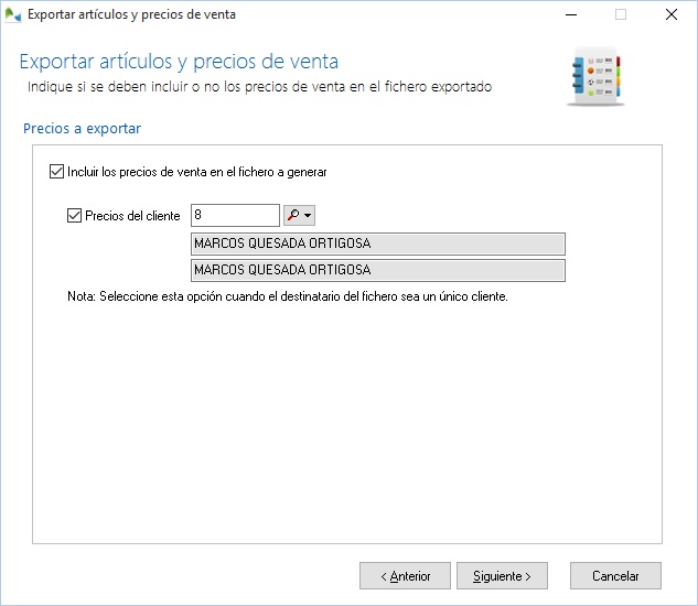 Seleccione los precios a exportar