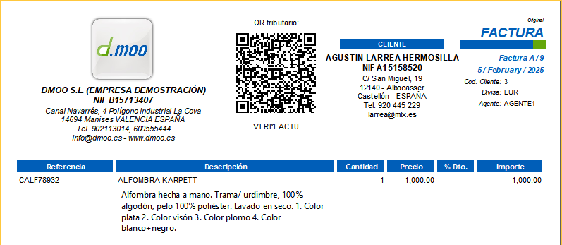 Factura impresa con el código QR tributario
