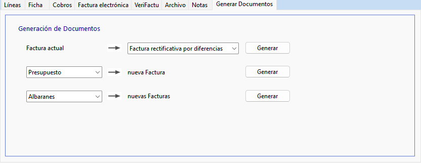 Apartado Generar documentos de la ficha de Facturas