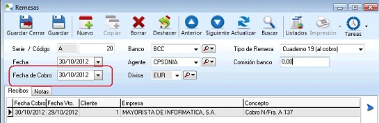 Fecha de cobro en remesa Fecha de cobro en remesa