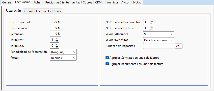 Apartado facturación de la ficha de clientes en OfiPro