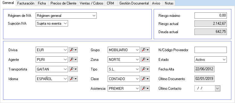 Apartado General de la ficha de clientes de OfiPro