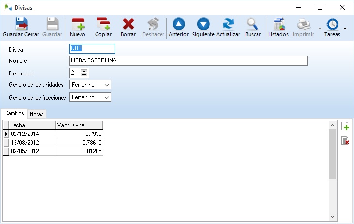 Ficha de divisas en OfiPro Contabilidad