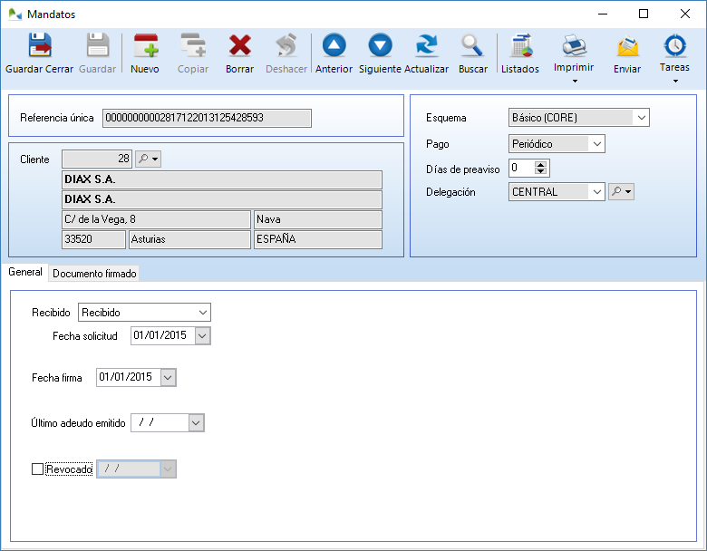 Ficha de mandato SEPA en OfiPro