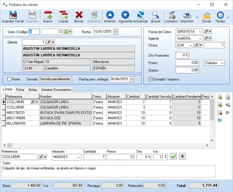 Ficha de pedido de cliente en OfiPro
