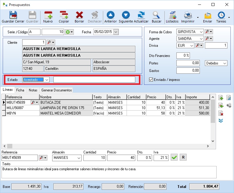Ficha de un presupuesto en OfiPro