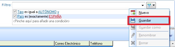 Guardar filtro desde el menú contextual