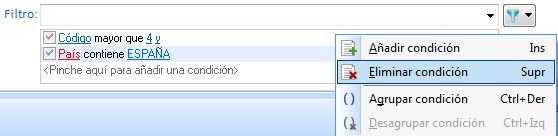 Menú contextual del área de filtros