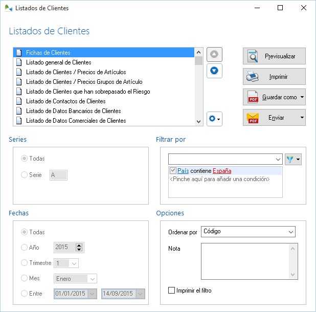 Ejemplo de filtro en la ventana de listados de clientes