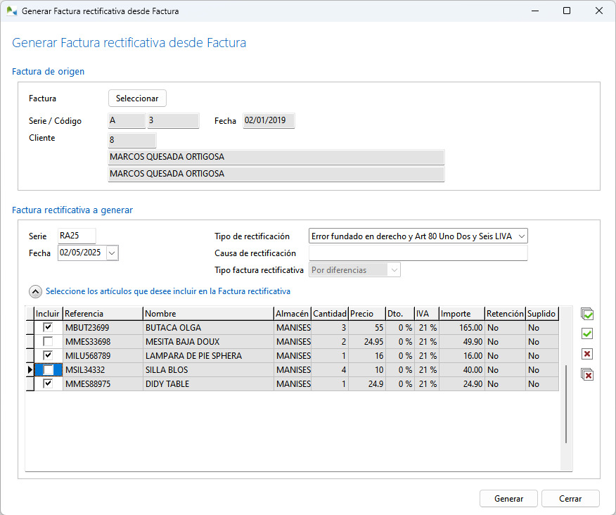 Generar una factura rectificativa por diferencias