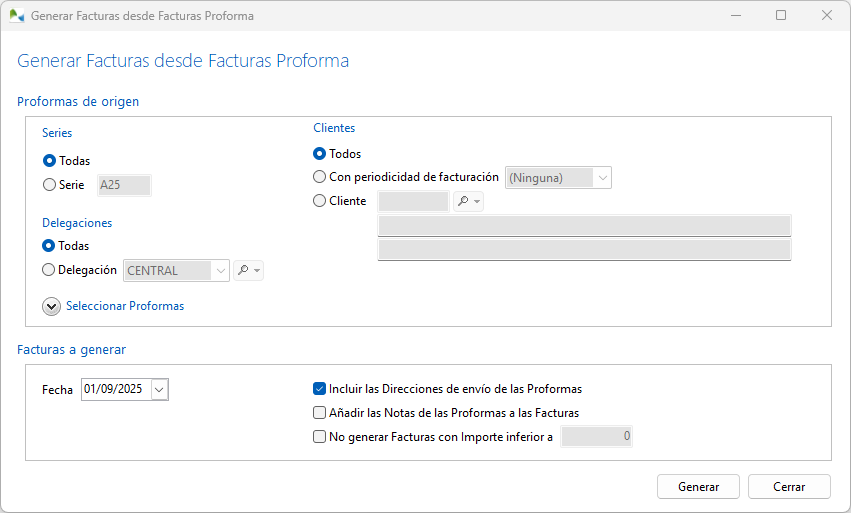 Generación de facturas a partir de proformas