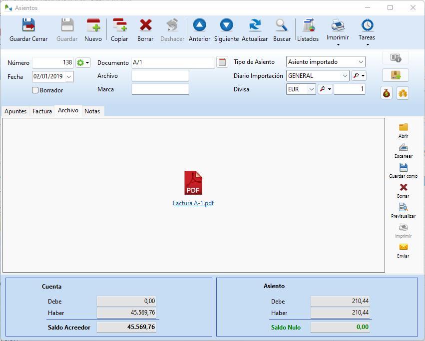 Factura en formato pdf grabada en la ficha de un Asiento